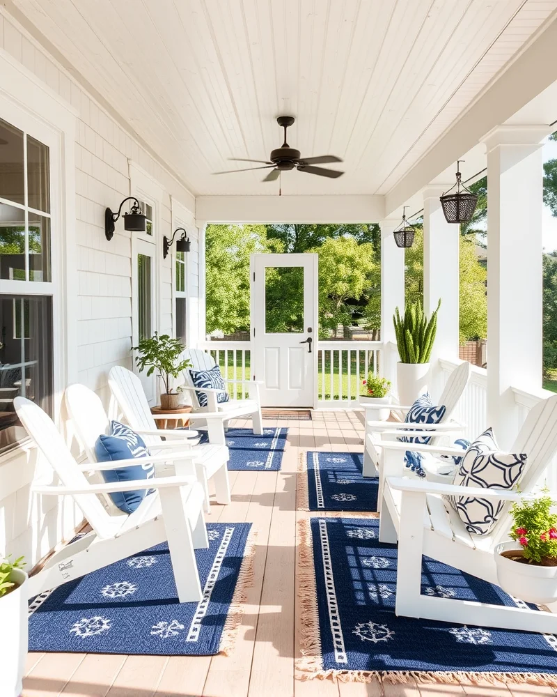 9 Summer Front Porch Decor Ideas That Will Make Your Neighbors Jealous 2 A nautical-inspired front porch featuring navy blue rugs and white Adirondack chairs on a sun-drenched porch with cedar siding.