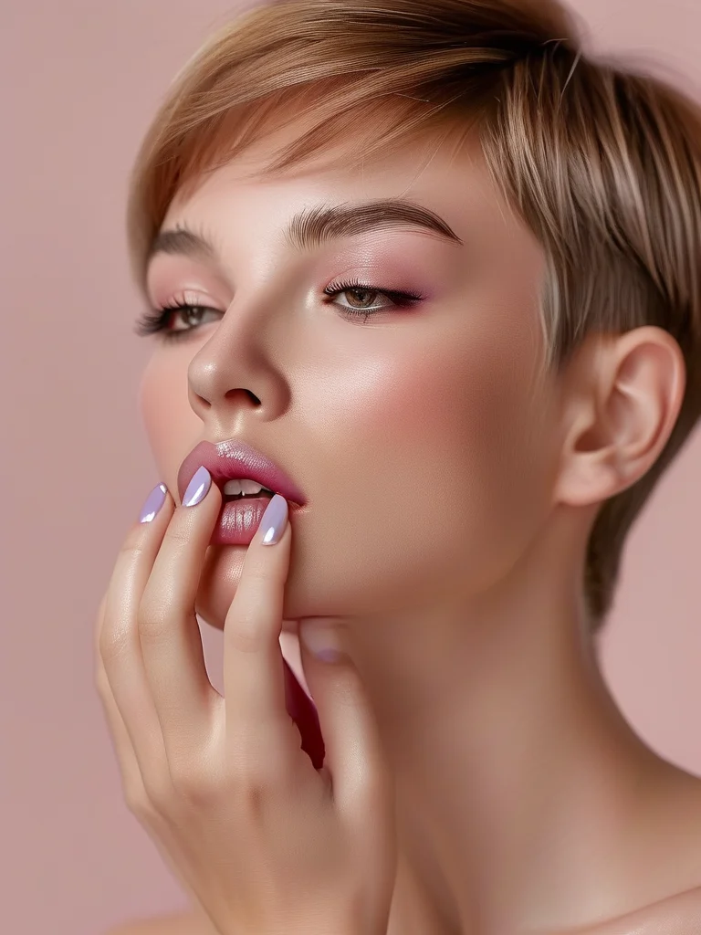 Close-up of short square-shaped nails with a glossy finish, showcasing a soft lavender pastel French tip on each nail. The light beautifully illuminates the delicate spring color.