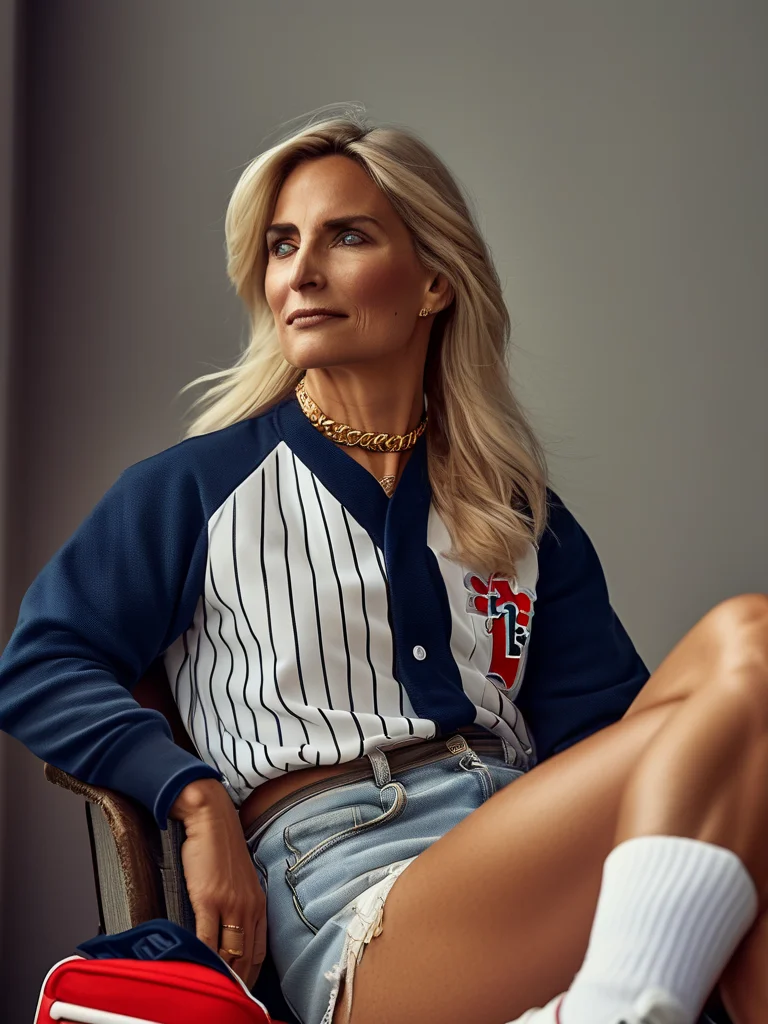 A woman in her mid-30s showcasing a classic Texas Rangers game outfit: an oversized navy jersey, distressed light-wash denim shorts, white canvas sneakers, a gold necklace, and a red leather fanny pack worn cross-body. She stands against an urban street backdrop.