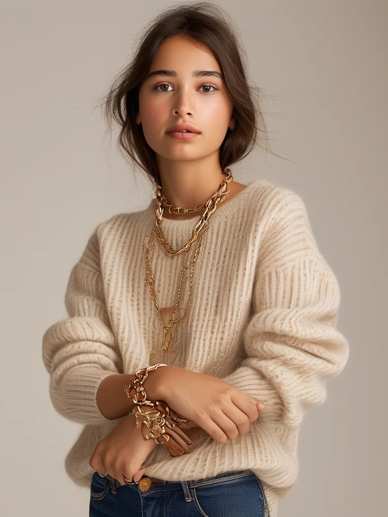 A woman styled in a cozy oatmeal knit sweater and dark jeans, showcasing a delicate stack of thin gold chain bracelets and a small initial charm bracelet on her left wrist. The overall look is understated and elegant, captured against a clean studio backdrop.
