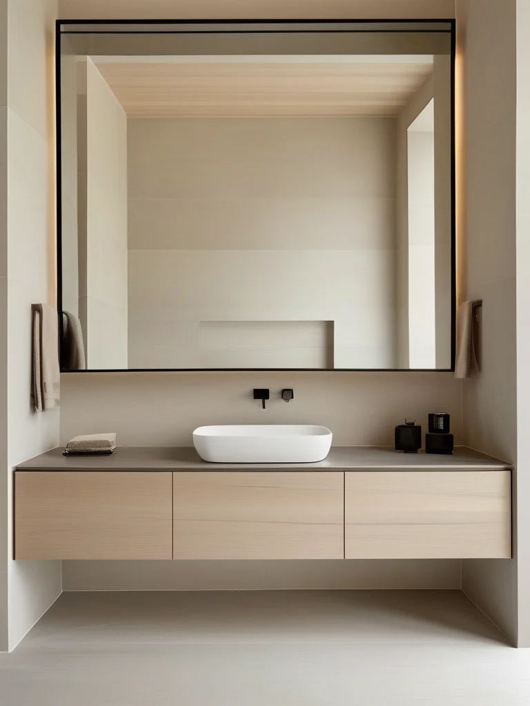 A contemporary small bathroom featuring a sleek floating dark wood vanity with an integrated white sink. A large frameless mirror and wall-mounted faucet enhance the minimalist design, while subtle grey and white geometric floor tiles add visual interest.