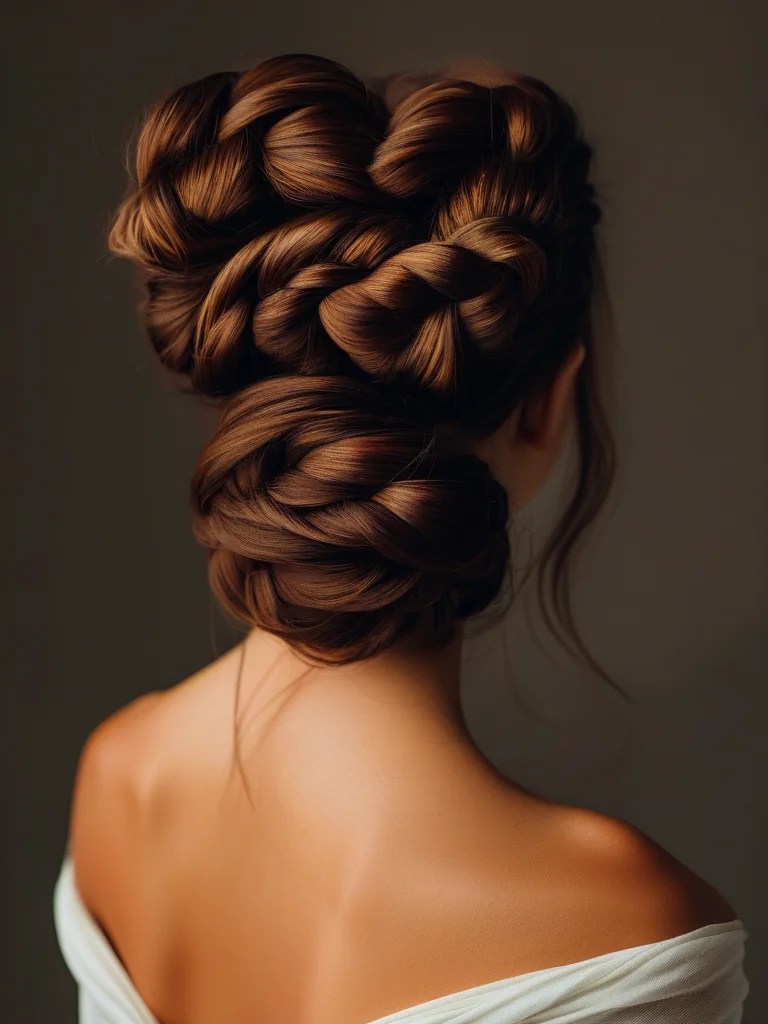 20+ Stunning Goddess Braid Styles to Elevate Your Look 3 A striking close-up from behind a woman's head, revealing a majestic auburn goddess braid updo. Thick, rich braids are artfully coiled and pinned into a voluminous crown, with a few wispy strands adding softness to the elegant, intricate style.
