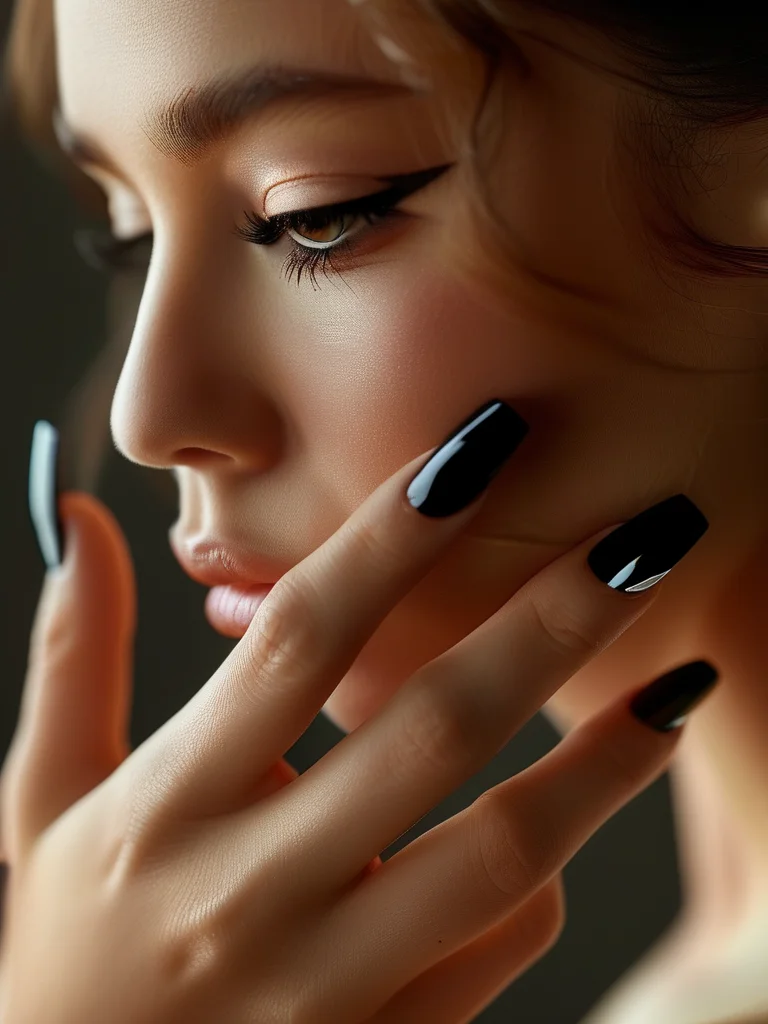 Close-up of a woman's hand featuring medium coffin-shaped nails painted in a rich, glossy black. The ring finger accent nail showcases a highly detailed and vibrant monarch butterfly wing design in classic orange, black, and white colors.