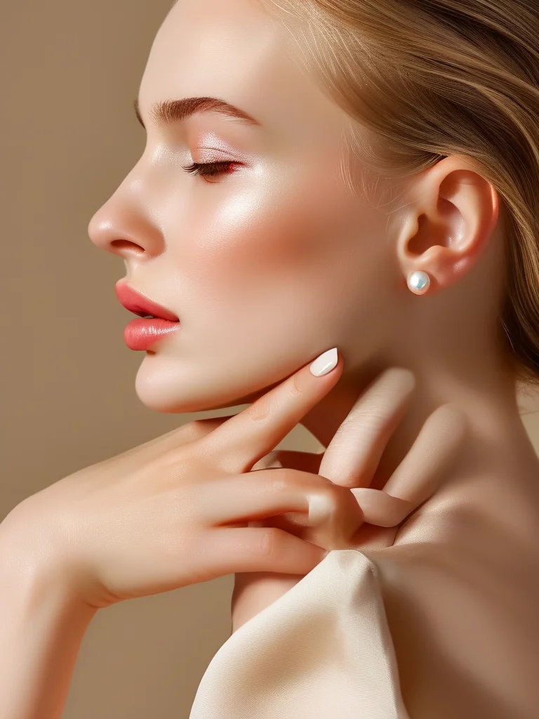 Short, rounded white gel nails adorned with single, small iridescent pearls near the cuticle, reflecting light beautifully for a delicate prom look.