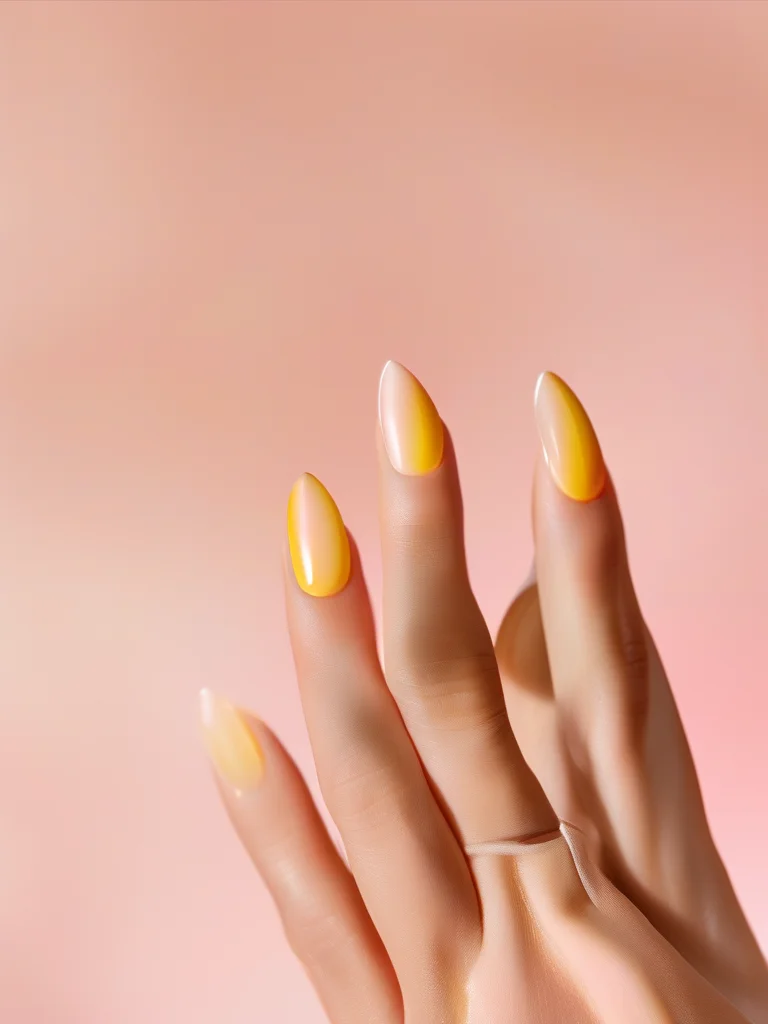 Stiletto nails showcasing a flawless ombre effect, blending from soft coral pink near the cuticle to a pale yellow at the tips, finished with a luxurious high-gloss sheen.