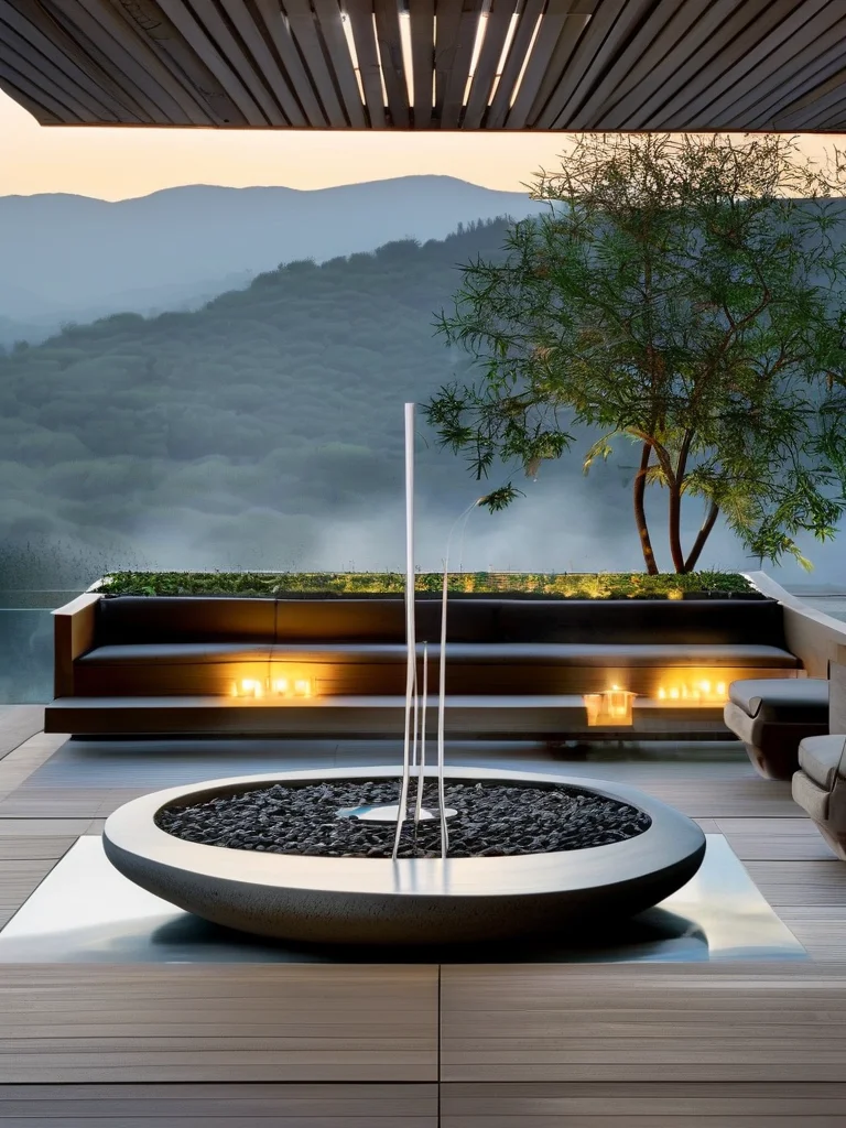 A minimalist outdoor living space featuring a tranquil DIY pebble bowl fountain on a sleek wooden deck, next to a modern lounge chair. The shallow ceramic bowl is filled with smooth river stones, with water gently bubbling. Sculptural green plants in concrete planters and soft evening lights create a serene, contemporary ambiance.