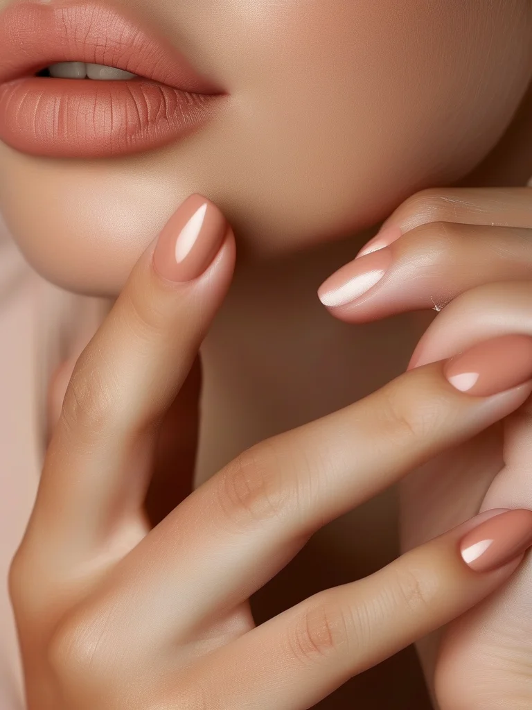 Close-up of a woman's hand with short square nails, displaying a unique dusty rose velvet powder finish over a classic French tip, offering a soft, matte, and luxurious texture for a romantic prom aesthetic.