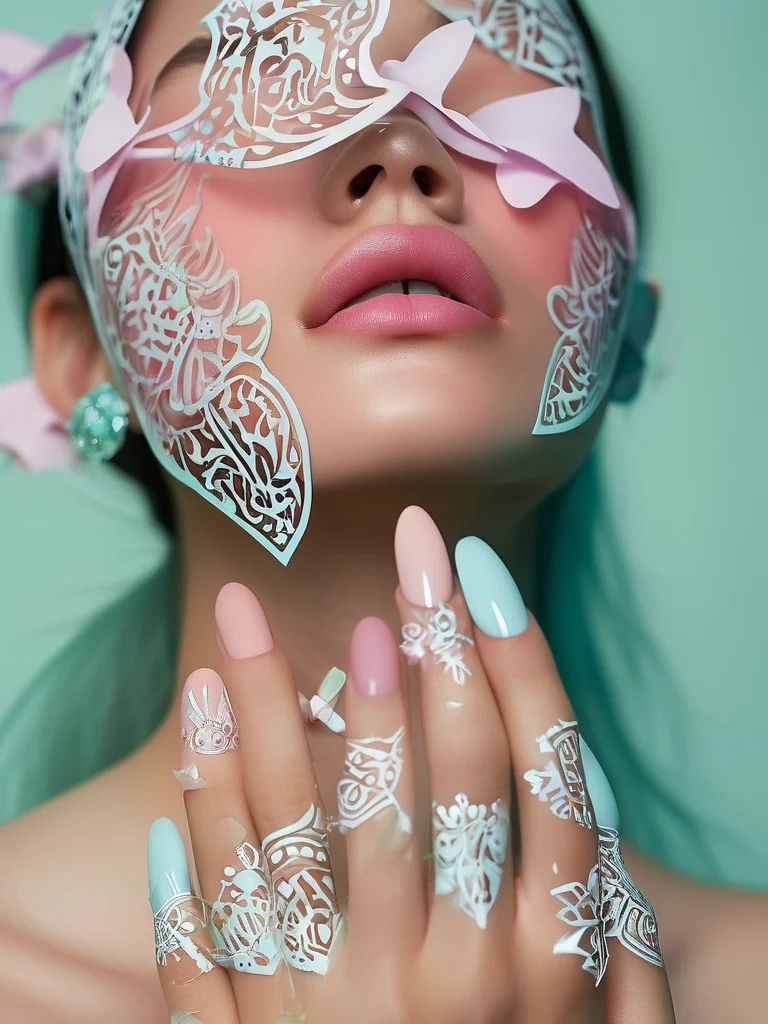 Matte square nails in soft pastel shades of blue, pink, green, lavender, and peach, adorned with intricate white Papel Picado-inspired cut-out patterns.