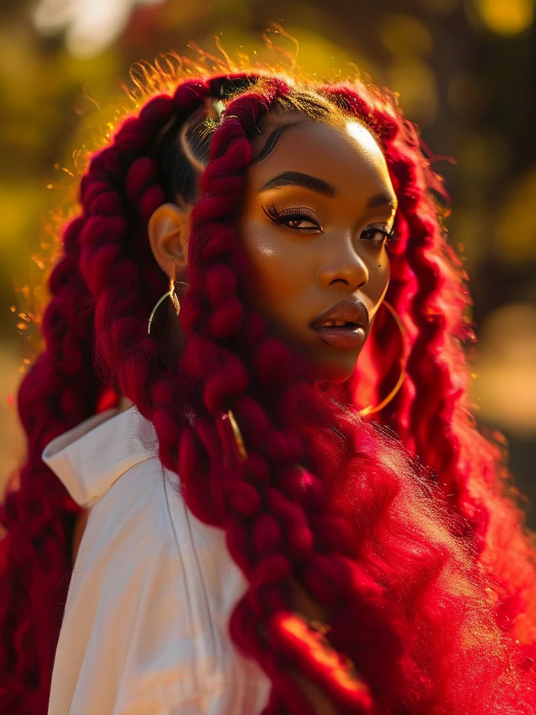 Unlock Your Ultimate Look: 7 Stunning Box Braid Styles to Inspire Your Next Transformation 3 A person with striking, thick jumbo box braids in a vibrant burgundy color, cascading around their face and shoulders. The braids are voluminous and bold, illuminated by warm golden hour sunlight in an outdoor setting with a blurred background.