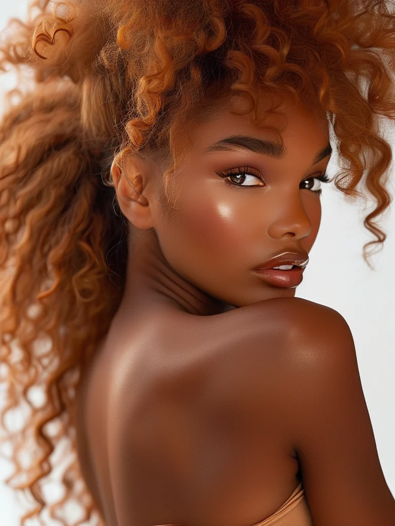A close-up editorial beauty shot of a model with a vibrant high puff of long, voluminous coily auburn hair. The hair's natural texture and healthy bounce are prominently displayed under bright studio lighting.