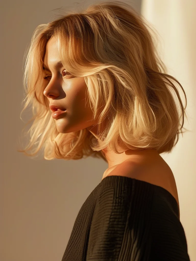 A woman with a vibrant, sun-kissed golden blonde wavy French bob haircut, styled with natural-looking, soft waves and a tousled finish. The golden hour lighting enhances the hair's texture and movement, creating an effortless, relaxed look.
