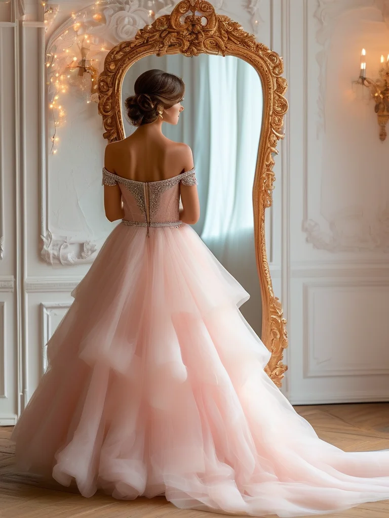 A young woman posing for a mirror selfie in a soft pink, layered tulle ballgown, surrounded by warm, glowing fairy lights in an intimate, elegant dressing room.