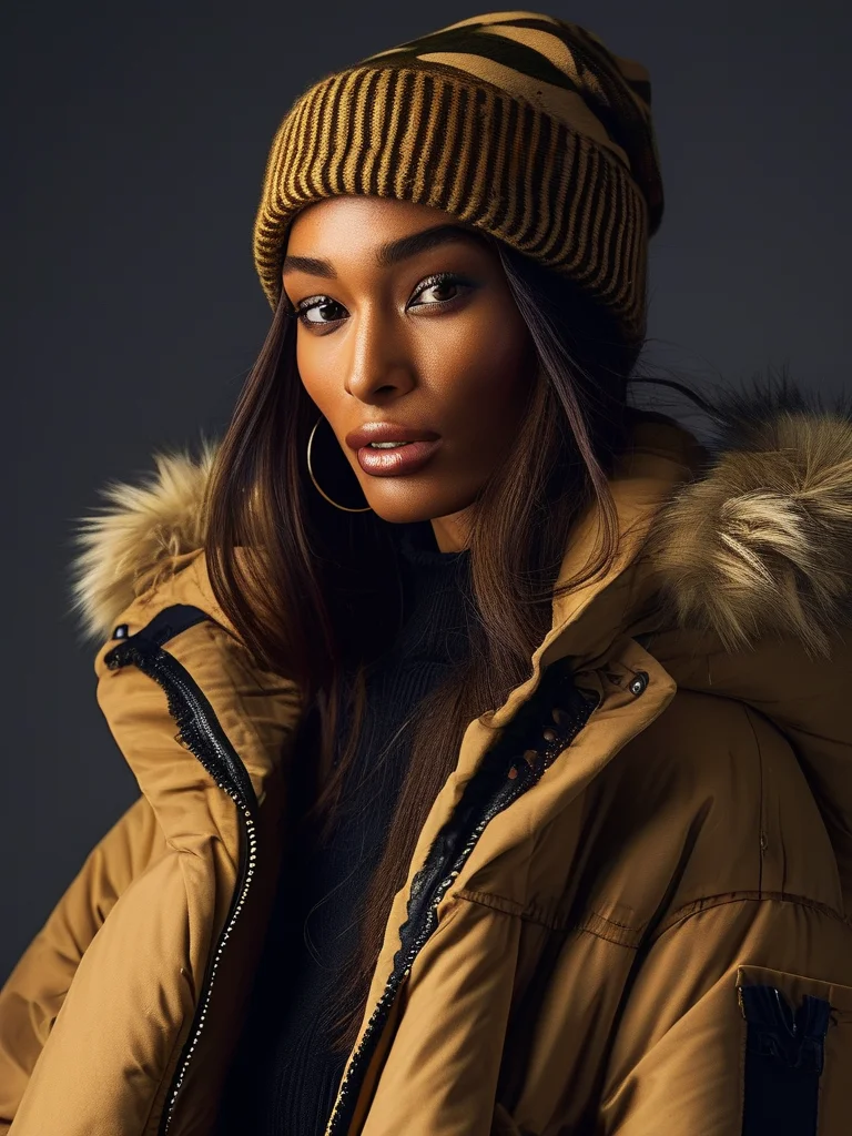 A woman wearing a stylish oversized khaki puffer jacket paired with sleek black leather leggings and heavy combat boots in an urban setting.