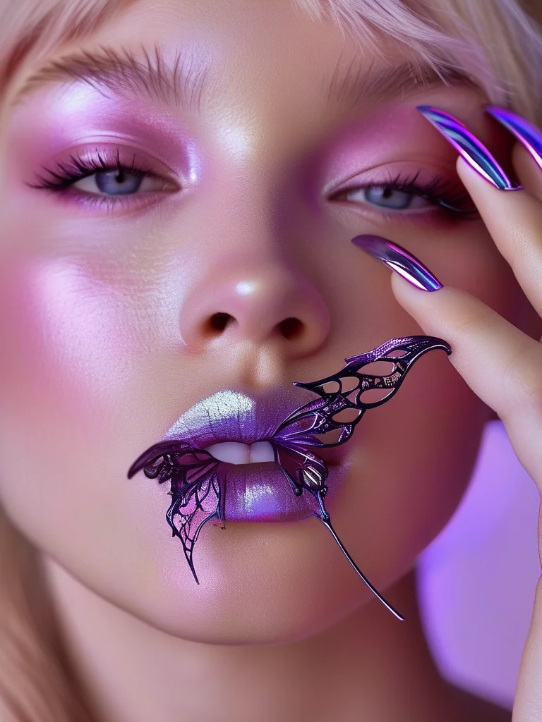 Macro shot of long stiletto nails with a purple chrome finish, featuring raised, sculpted 3D gel patterns that mimic the intricate veining of butterfly wings.