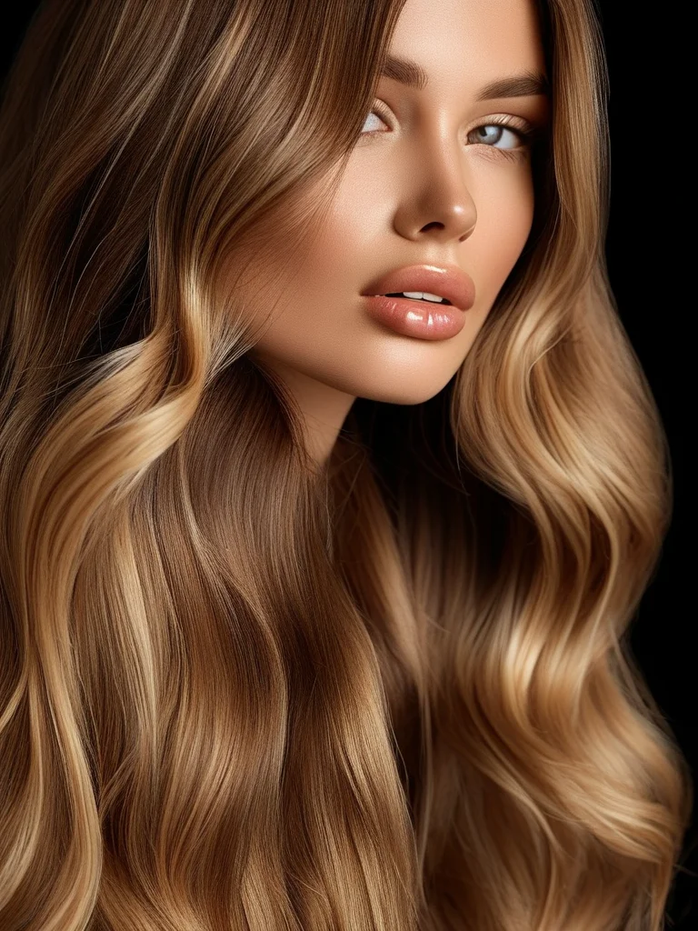 Long, flowing dark hair featuring a seamless transition from deep brown roots to warm, honey blonde highlights that blend naturally through the mid-lengths and ends.