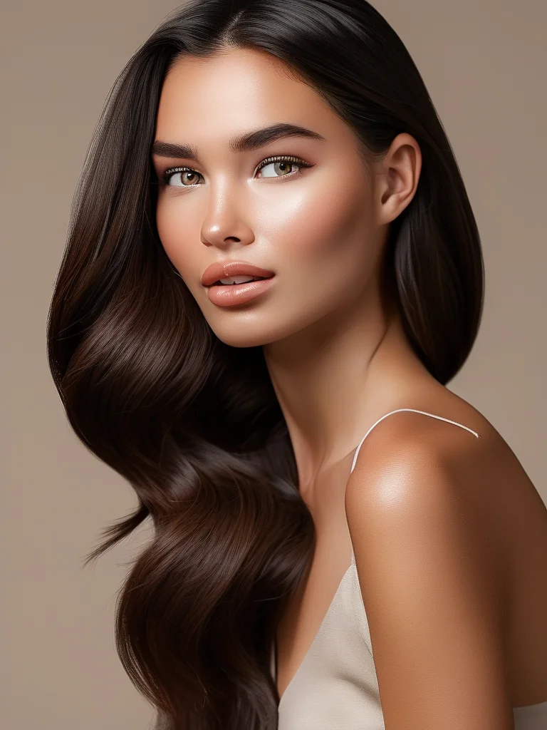 7 Viral Prom Makeup Tutorial Hacks to Guarantee You Slay the Dance Floor 3 A close-up shot of a woman with pin-straight, ultra-glossy long dark hair, parted perfectly in the middle with a sharp, sleek aesthetic.