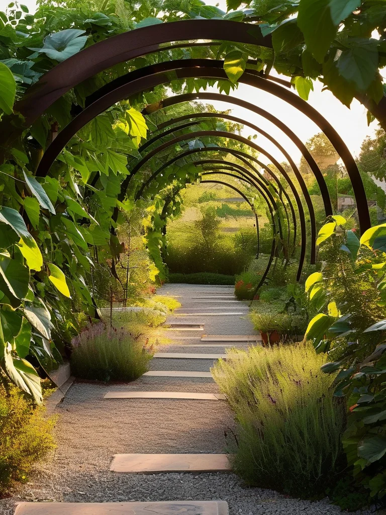 A majestic metal arch trellis forming a tunnel over a gravel garden path, heavy with hanging cucumbers and lush foliage in a bright, modern backyard setting.