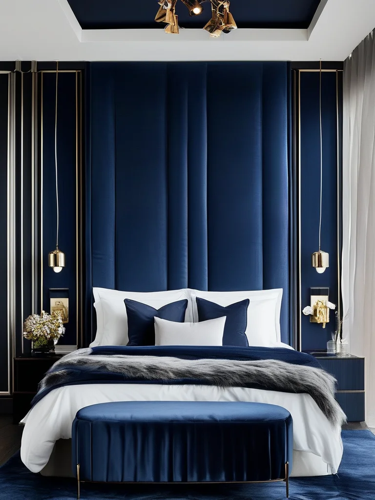 7 Viral Reasons Why the Color Drenching Bedroom Trend Is Taking Over 3 A dramatic bedroom drenched in navy blue, creating a moody, high-contrast space that feels both intimate and luxurious.