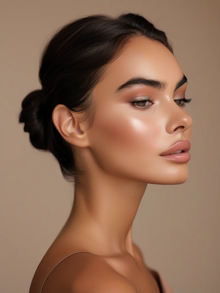 A woman with sleek dark brown hair styled in a polished low bun. Her soft glam makeup includes a subtle matte brown smokey eye and a matte nude lip, creating an elegant, sculpted look.