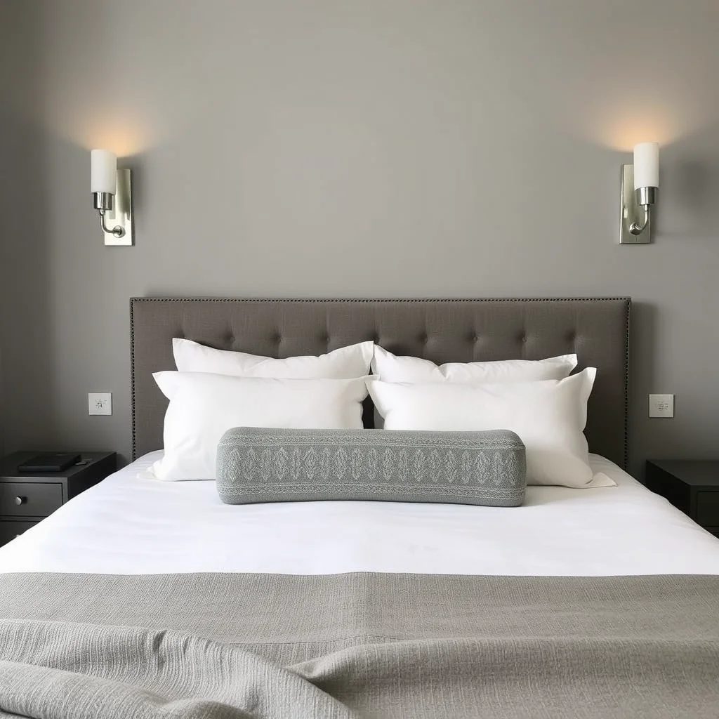 A perfectly styled bed interior showing a structured arrangement of decorative pillows and shams against a clean, minimalist headboard backdrop.