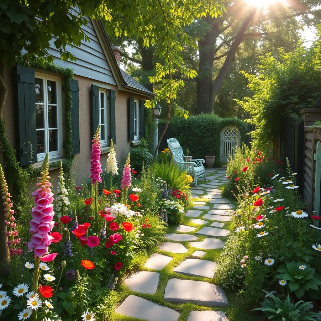 A whimsical cottage-core garden bed filled with a variety of colorful wildflowers and dense foliage.