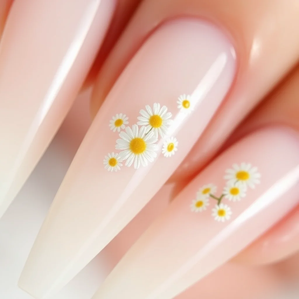 7 Spring Stiletto Nails Trends That Are Taking Over Pinterest Right Now 3 Long stiletto nails with a milky base coat and dainty hand-painted daisy floral art.