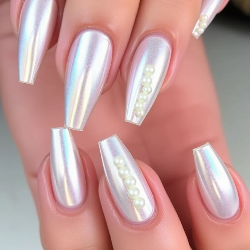 Stiletto nails featuring a shimmering pearlescent chrome finish with vertical pearl accents.
