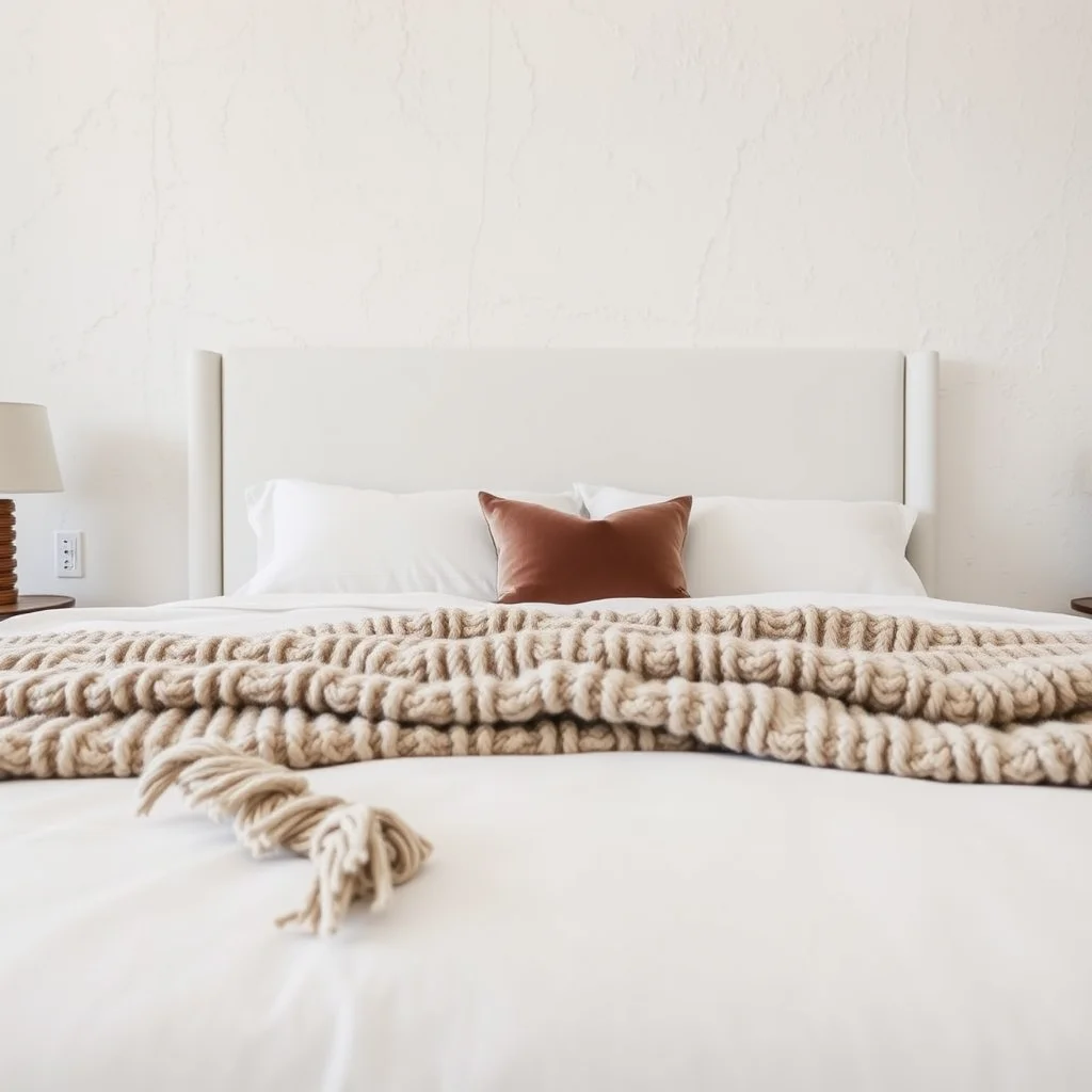 A close-up view of a luxury bed showing different white textures like linen, velvet, and chunky knit fabrics layered for comfort.