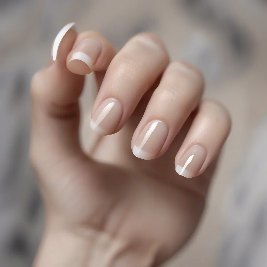 9 Viral Back to School Nail Art Trends to Ace Your Semester Style 3 A macro shot of short, oval nails with a sheer nude base and ultra-thin white French tips, showing a minimalist, glossy clean-girl aesthetic on a marble background.