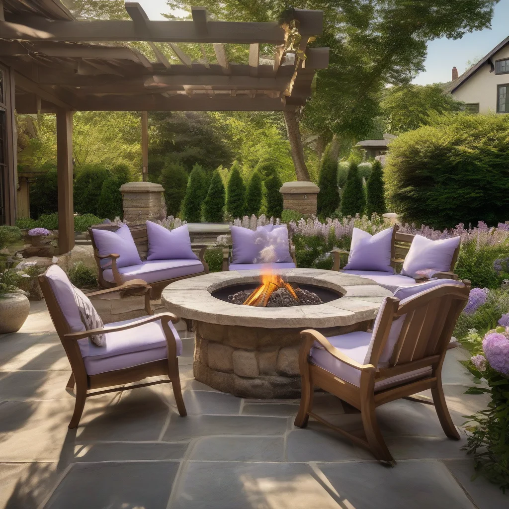 7 June Calendar Hacks to Transform Your Home for Summer 3 A beautifully landscaped patio with blooming summer flowers, comfortable teak seating, and a stone fire pit in the background.