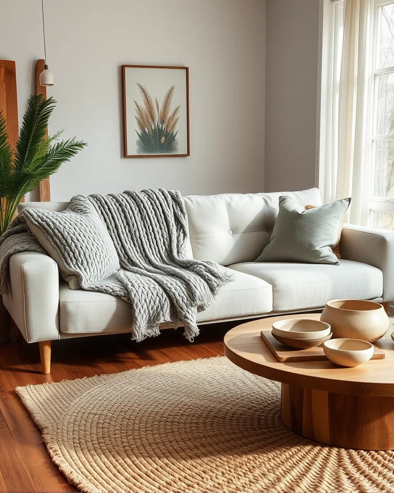 A living room showcasing high-contrast textures, including a chunky knit blanket, a linen sofa, and a natural woven jute rug.