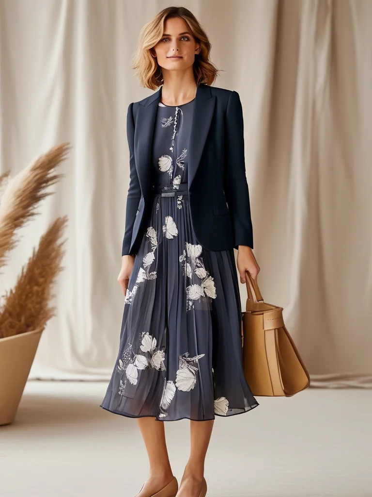 A gracefully standing woman in a light-filled office wears an elegant navy blue pleated midi dress with a subtle floral print, layered under a perfectly fitted cream-colored tailored blazer. Nude block-heel pumps and a structured tan leather handbag complete her sophisticated spring corporate ensemble.