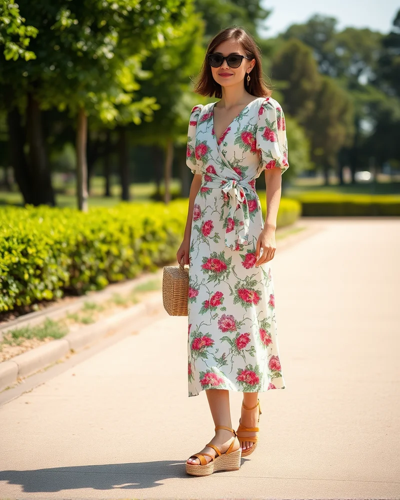 A woman walks through a park wearing a vintage floral wrap dress paired with platform espadrilles, showcasing a classic summer print trend.