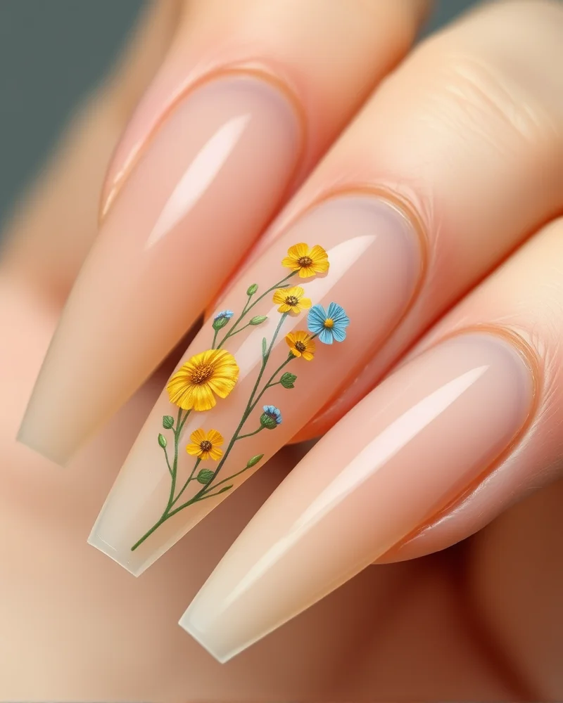 Coffin-shaped nails with a sheer nude base and delicate hand-painted wildflower art on an accent nail.