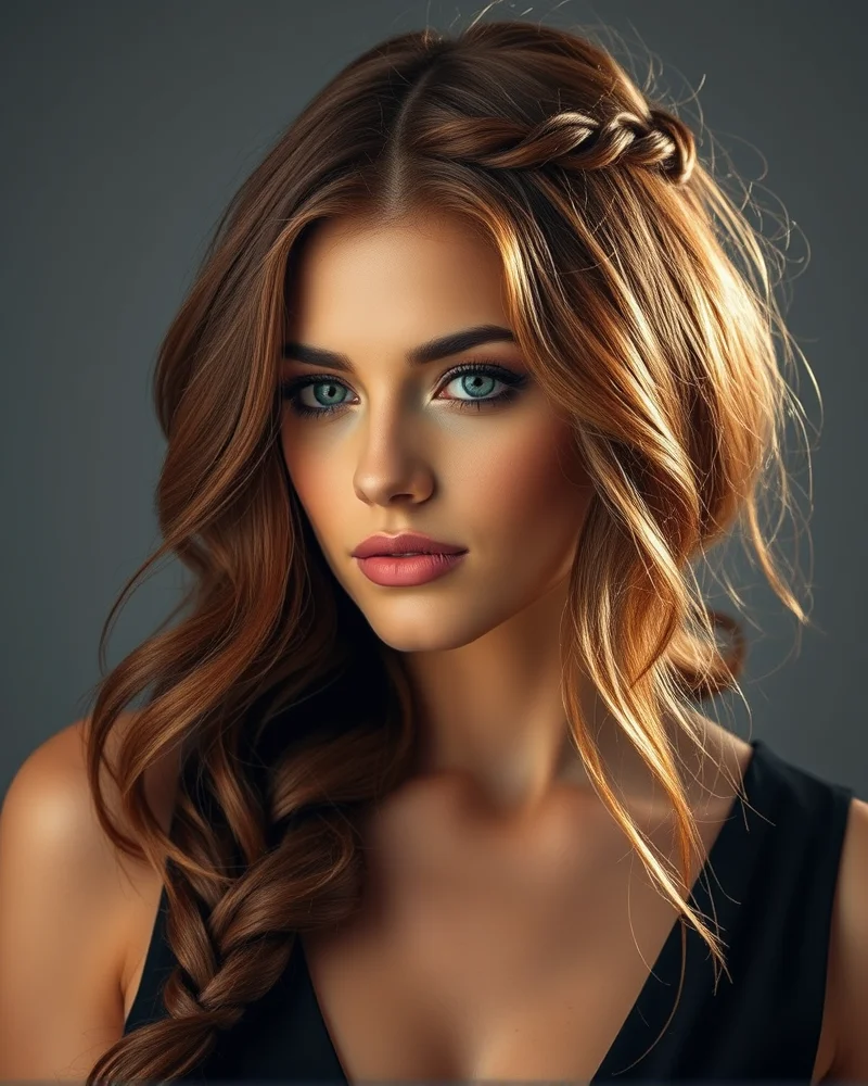 A woman with mahogany wavy hair showing off a perfectly executed waterfall braid with soft light highlighting her hair texture.