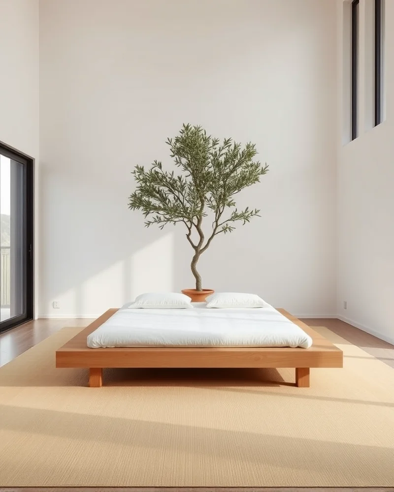 A spacious minimalist bedroom with a low-profile platform bed, high ceilings, and a large decorative olive tree in a clay pot.