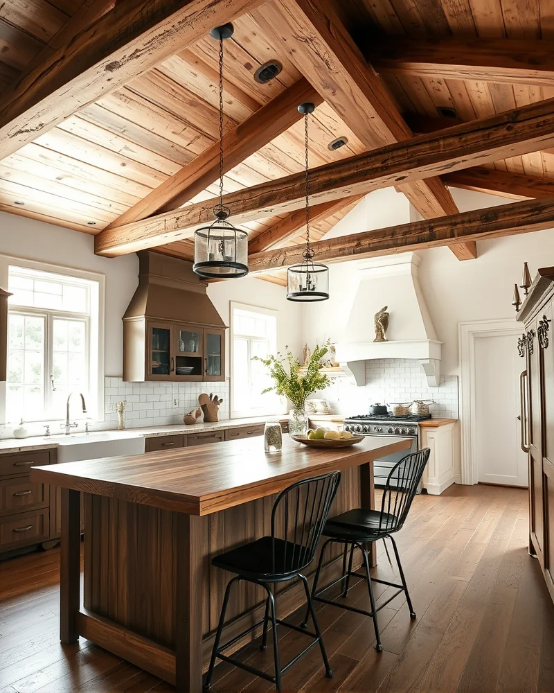 7 Viral Farmhouse Kitchen Decor Trends That Will Transform Your Home 3 A rustic kitchen space featuring massive reclaimed wood beams on the ceiling and a thick, dark wood island countertop that shows natural grain.