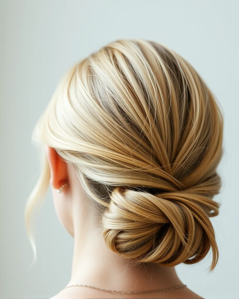 7 Effortless Messy Bun Hairstyle Hacks for an Instant Glow-Up 3 A sophisticated low, messy bun style sitting at the nape of the neck on blonde hair. The lighting is soft and natural, emphasizing the professional yet relaxed look.