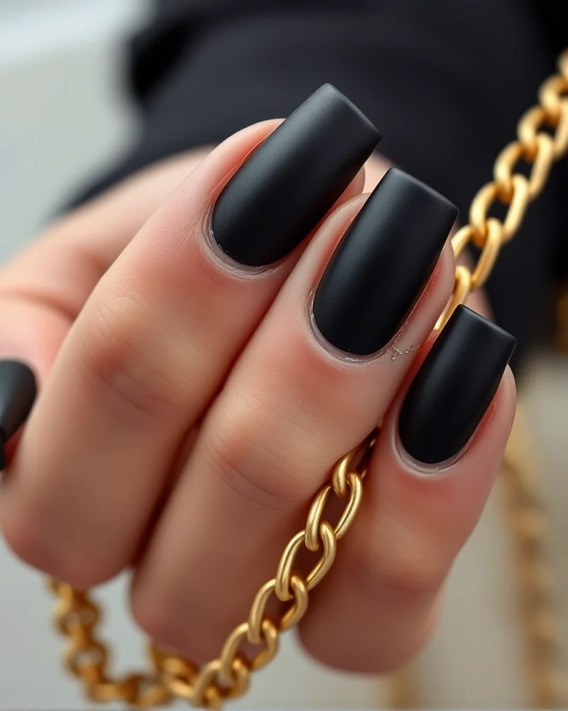 Coffin-shaped nails finished with a velvety matte black polish, shown against a gold metallic background to highlight the texture contrast.