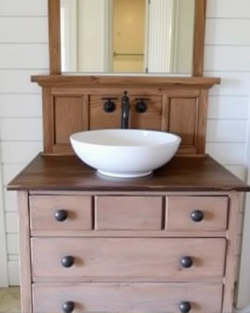 A repurposed wooden antique dresser serving as a unique bathroom vanity, adding a touch of rustic charm to the room.