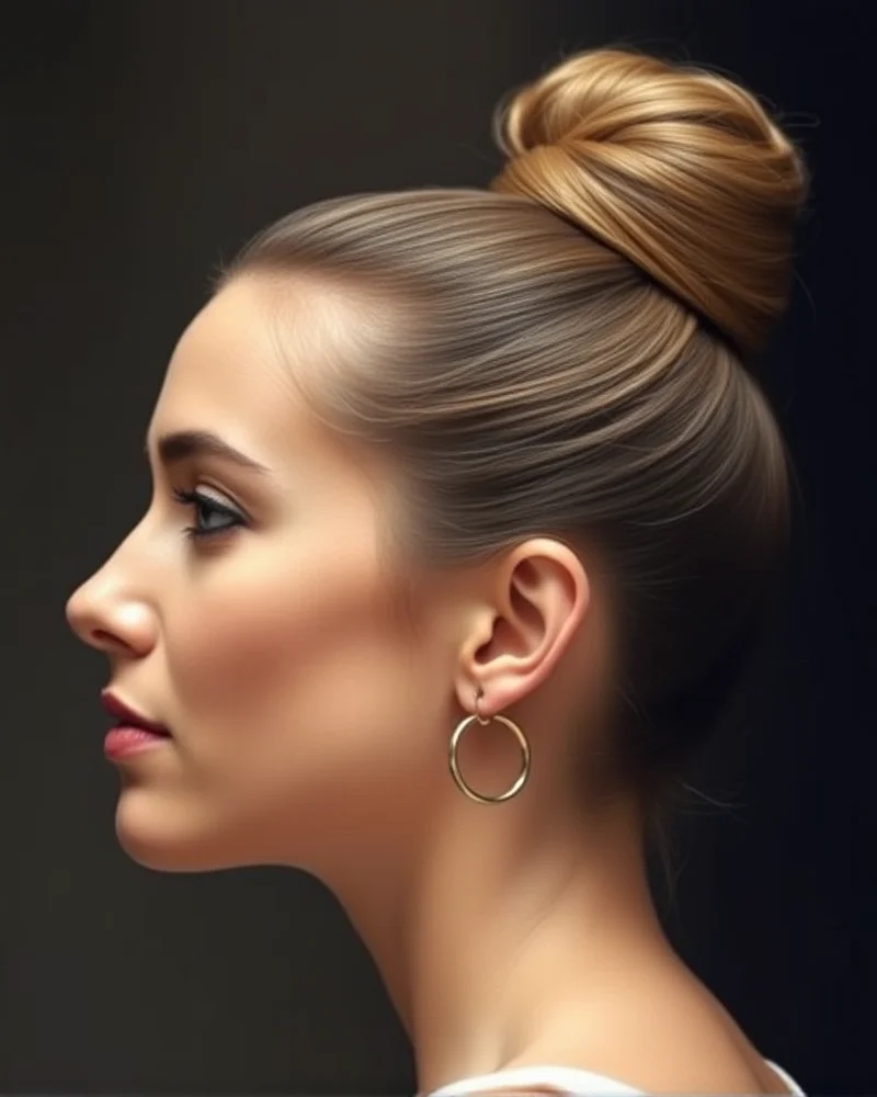 7 Secrets to Perfecting the Viral Clean Girl Makeup Look 3 A woman seen from the side showcasing a perfectly executed, sleek high bun with gold jewelry.