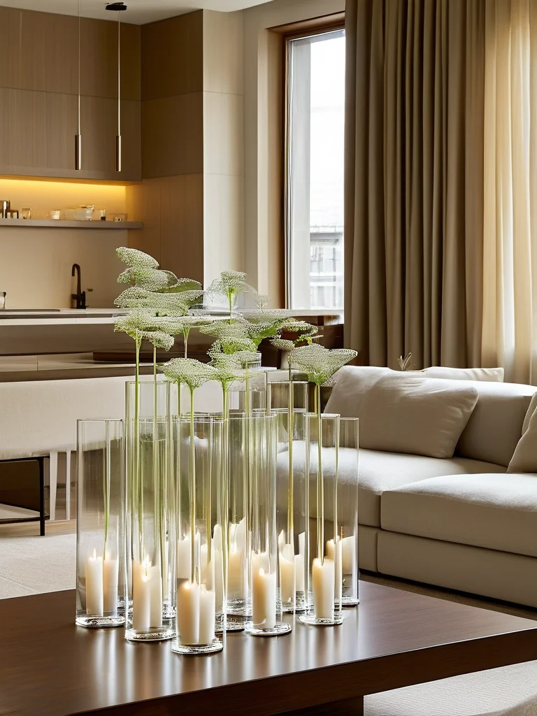 A minimalist living room's coffee table displays a serene centerpiece: clear glass cylinders of different heights filled with water, floating lemon slices, and white tea lights. The room has muted tones, clean lines, and soft lighting.