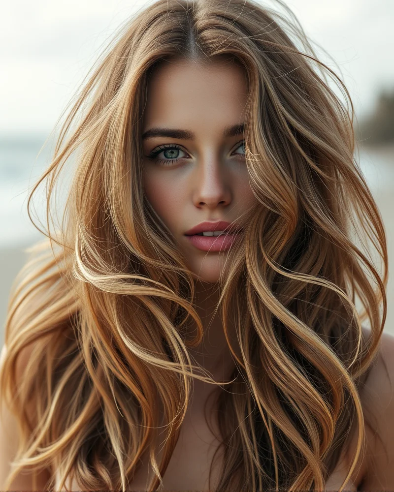 7 Viral Face Framing Highlights That Will Instantly Brighten Your Complexion 3 A woman with beach-wavy caramel hair featuring subtle honey-toned face framing highlights that blend seamlessly with her natural color.