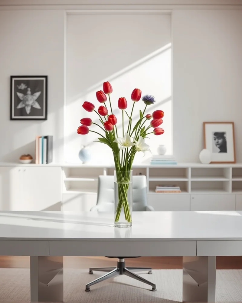 A clean, modern home office desk featuring a minimalist vase filled with tall, structured red tulips, white lilies, and blue thistle against a crisp white wall.