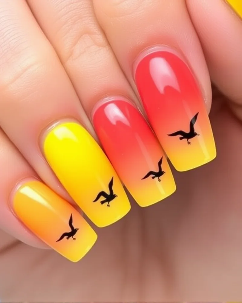 7 Beach Nail Art Designs That Are Trending This Summer 3 Short squoval nails with a smooth sunset gradient from coral to yellow and seagull silhouettes.