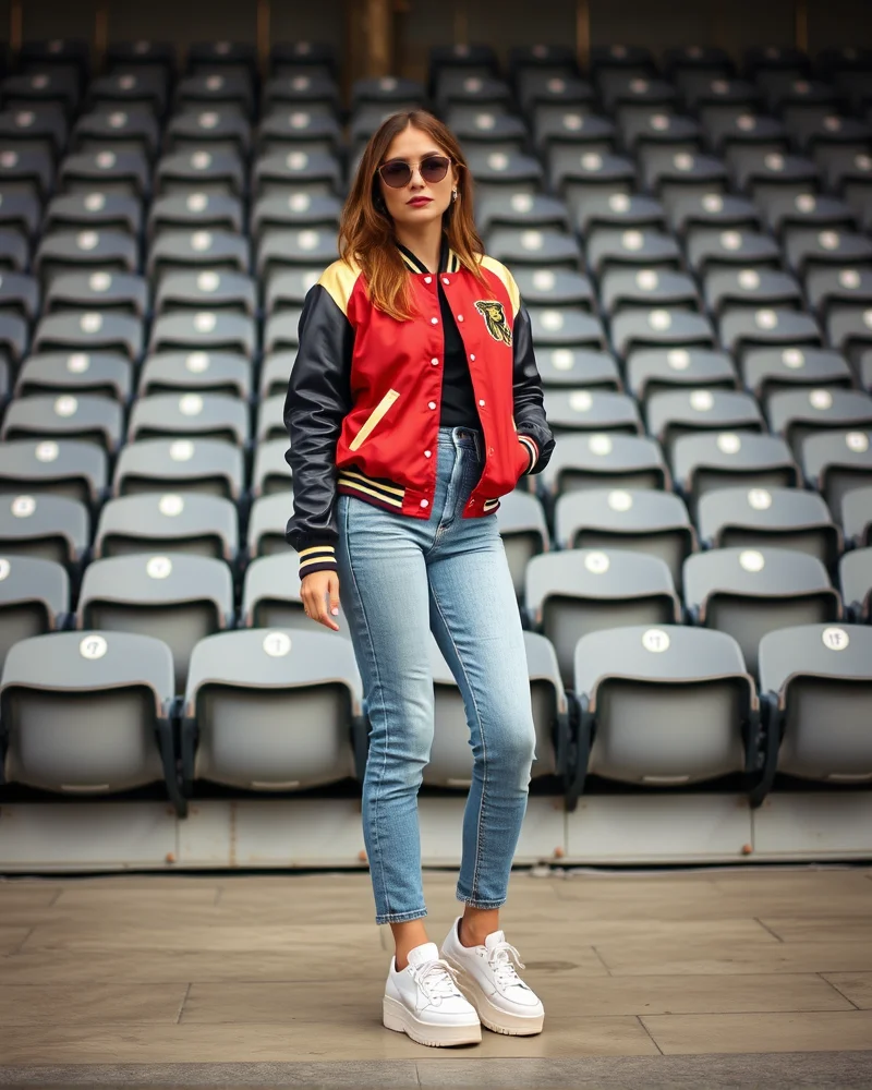 A woman wearing a stylish varsity jacket and denim jeans in a stadium environment.
