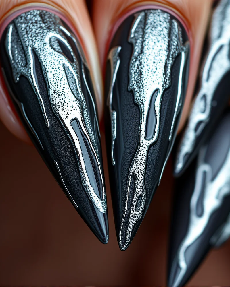 Sharp stiletto-shaped nails featuring a dark grey base with textured, 3D molten silver chrome drips cascading down the sides.