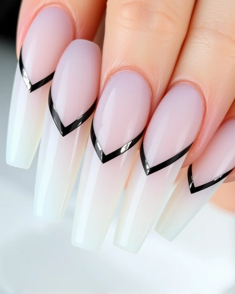 10 French Tip Nail Designs That Will Define Your Aesthetic This Year 3 Coffin-shaped nails featuring a double-line French tip design in black and silver over a milky base.