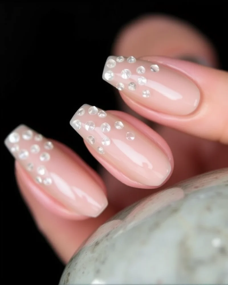 Stiletto-shaped nails featuring a natural nude base with realistic, clear 3D water droplets applied as an accent.