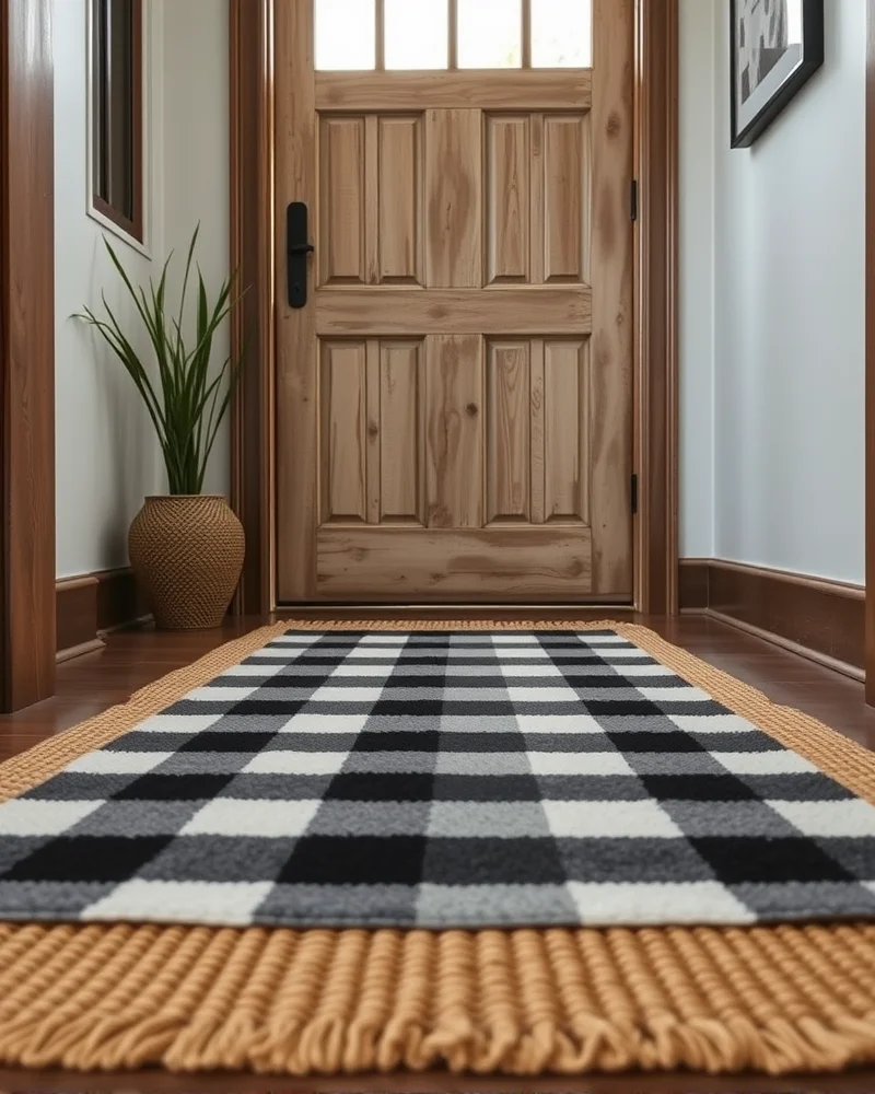 9 Summer Front Porch Decor Ideas That Will Make Your Neighbors Jealous 3 A layered doormat setup on a clean porch deck, featuring a large neutral jute rug topped with a stylish black and white patterned accent mat.